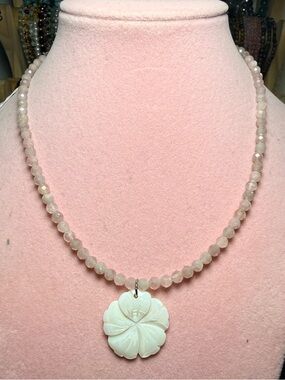 Rose Quartz Necklace 4mm Faceted | Mother of Pearl Flower | 16”